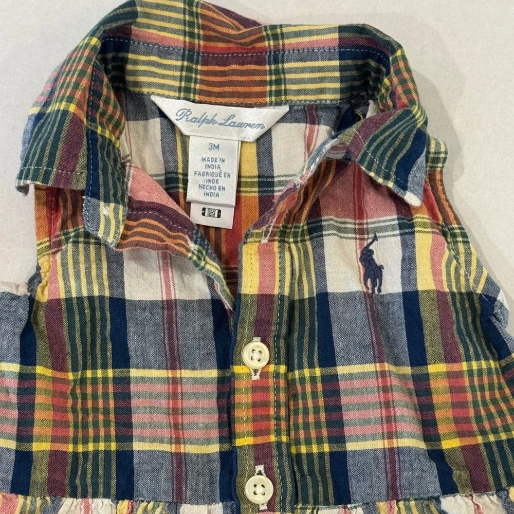Ralph Lauren Plaid Preppy Shirtdress Baby 3M Multicolor Tiered Ruffle Cotton